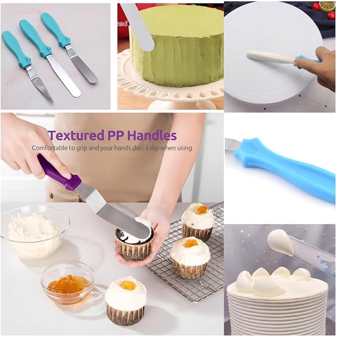 Cake Cream Spatulas, 3 Pieces of Cake Angled Spatula with Stainless Steel, Professional Cake Decorating, Pastry & Baking, Icing Frosting Cream Chocolate Cake Spatula (3 Pcs Blue)
