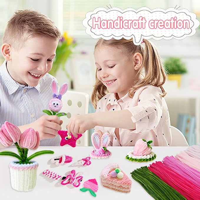 AHAMETON 620Pcs Pastel Pink Pipe Cleaner Flower Kit, 6 Colors Bulk Pipe Cleaners Craft Supplies with Wires, Stamens, Ribbon, Tapes, Card, DIY Flower Making for Gifts Home Decor, Party & School Crafts