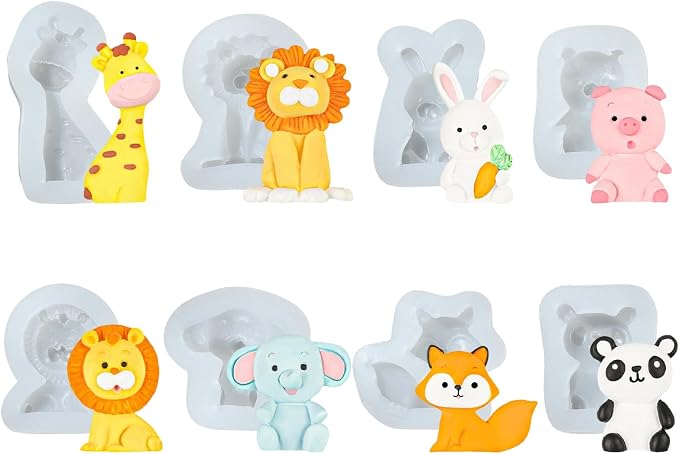 Ipotkitt White Animal Theme Silicone Molds Lion Rabbit Panda Pig Elephant Shape Molds for Chocolate Jelly Ice Candy Cake Crafts, 8pcs 8 Styles