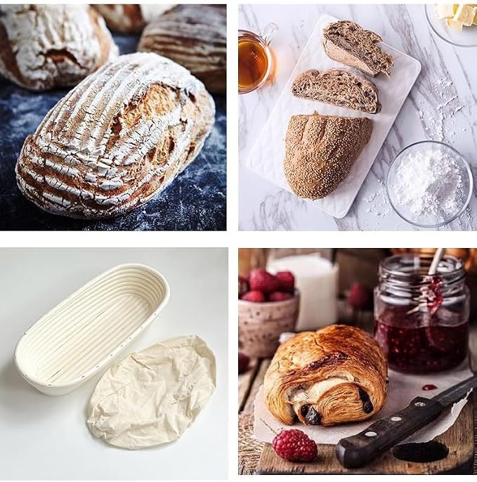 i-lan 14" Large Oval Sourdough Proofing Basket, Natural Rattan Banneton for Artisan Loaves & Baguettes, 2.5lb Capacity Rising Bowl with Liner, Professional Baking Tool