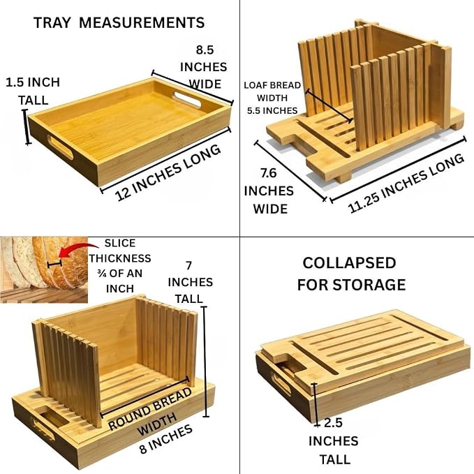 Bread Slicer for Sourdough Rounds & Homemade Bread - Round, Loaf & Baguette. Bamboo Bread Cutting Guide W/Crumb Tray - Foldable - Knife Not Included. Recommended: Serrated Knife Blade 10-12 Inches