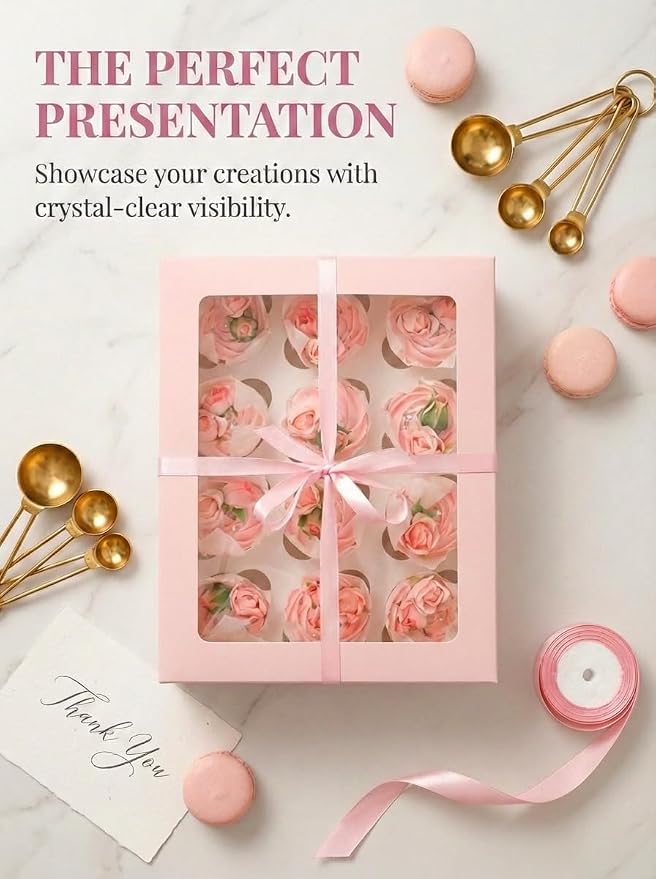 qiqee Auto-pop Up Cupcake Boxes with Window Pink 40PCS 12 Count Cupcake Box 13"x10"x3.5" Cupcakes Carrier, 12 Cupcake Containers with 2 rolls of pink ribbons