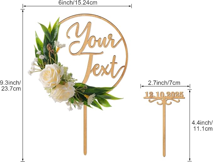 CustomText Wedding Cake Topper with 3D Artificial Flowers and Green Leaves Personalized Your Text Birthday Cake Decoration (Oak Finish)