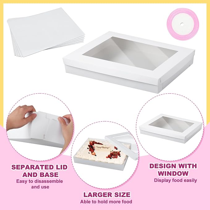5 Set Full Sheet Cake Box 26 x 18 x 4 Inch with Cake Boards and Pink Satin Ribbon Large Rectangle Bakery Boxes with Window White Bakery Boxes for Packaging Cupcakes Muffins Pie