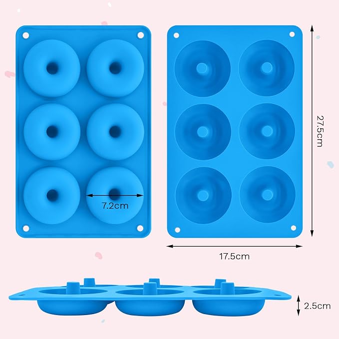 2er Pack Silicone Donut Mold - Non-Stick Silicone Doughnut Pan DIY Chocolate Baking Cookie Molds, Heat Resistant, Make Donut Cake Biscuit Bagels, BPA Free Dishwasher Safe (blue, 6 Cavities)