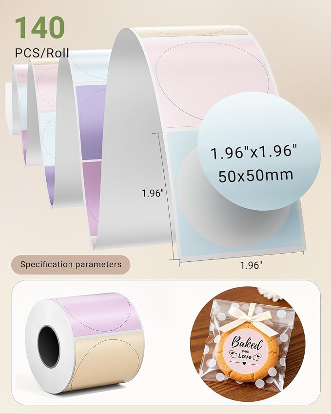 Phomemo 2 Inch Round Thermal Labels,5 Color Self-Adhesive Stickers for M110/M100/M220/M108/M221 Label Makers,50x50mm Circle Sticker Labels for Small Business,Baking, Candle, Logo, Canning,140pcs/Roll