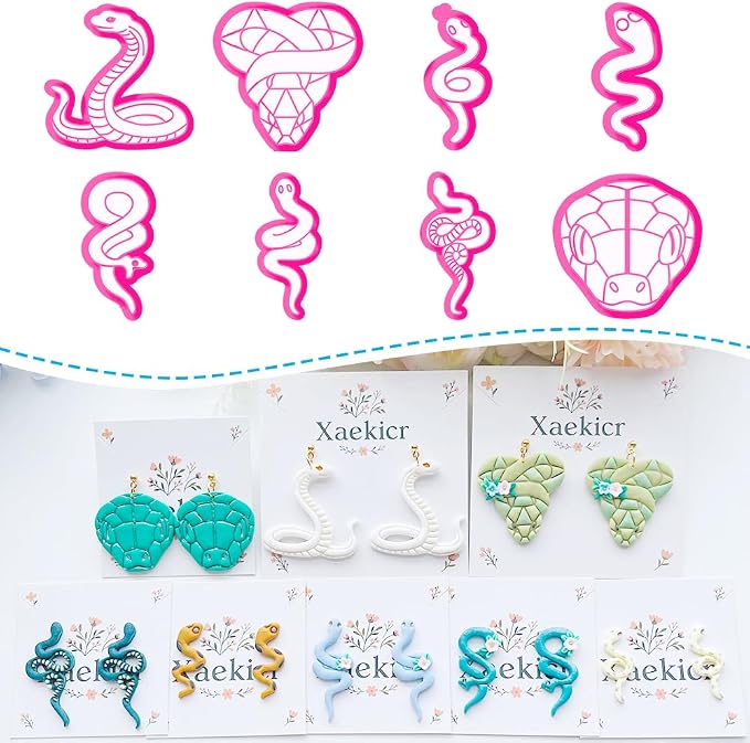 8-Piece Snake Themed Clay Cutters Set - Reptile & Serpent Shapes for DIY Earring Making, Polymer Clay Jewelry Craft, and Gothic Style Modeling Accessories