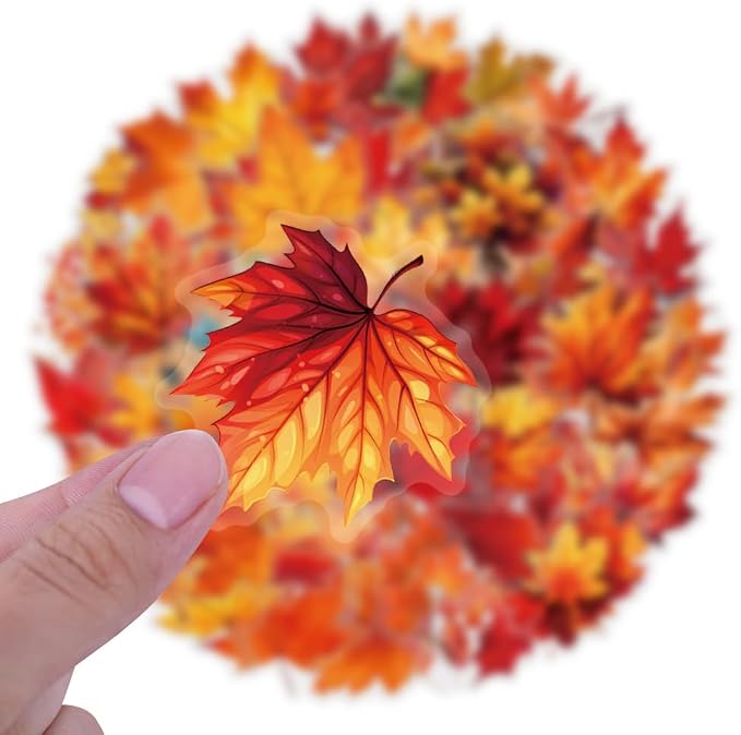 Maple Leaf Stickers Pack, 60PCS Colorful Transparent Sticker Waterproof PET Stickers for Laptop, Stationery, Luggage, Scrapbooking, Water Bottles, Gifts Party Decorations