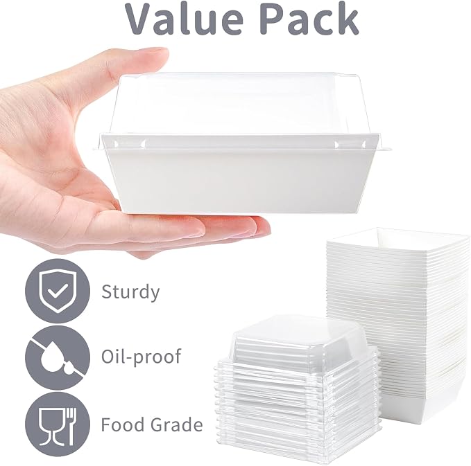 Kucoele Charcuterie Boxes with Clear Lids, 4 Inches, 100 Pack, White | Disposable, Oil-Proof, Paper, Food Containers, For Sandwich, Cookie, Dessert, Cupcake, Chocolate Covered Strawberry