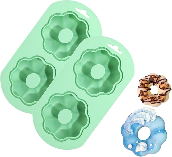 QELEG 2 Pack Silicone Donut Pan, 2-Cavity Fluted Tube Cake Pan Non-stick Silicone Baking Mold for Donuts, Cornbread, Brownies, Bagel, mousse, madeline, Green 2Pcs/2-Cavity, flower