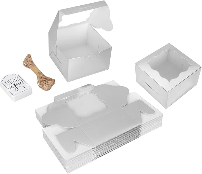 KPOSIYA 20 Pcs Silver Bakery Boxes with Window Individual Cupcake Boxes 4x4x2.5 Inches Cookie Boxes Kraft Paper Silver Gift Box for Pastries, Cookies, Pie, Donuts, Macaroon