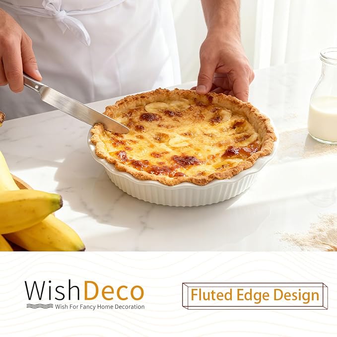 WishDeco Ceramic Pie Pan for Baking 23 cm / 9 inch, Deep Round Pie Dish 1500 ml / 50 oz, Pie Plate with Fluted Rim, Porcelain Baking Dish for Apple Pie, Quiche, Tart, Cake Oven & Microwave Safe
