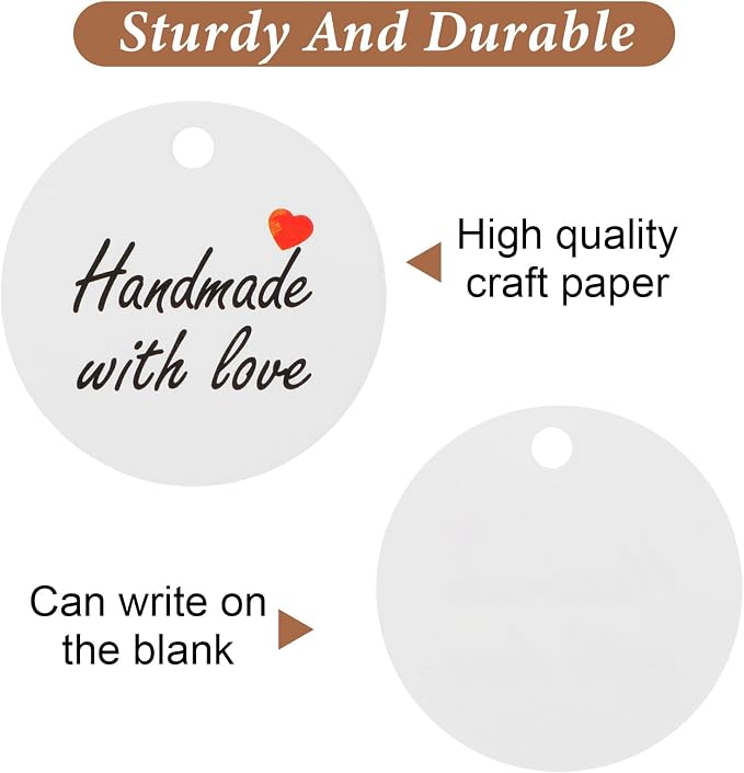 TIESOME 200Pcs Handmade with Love Tags, Paper Gift Labels with Twine String