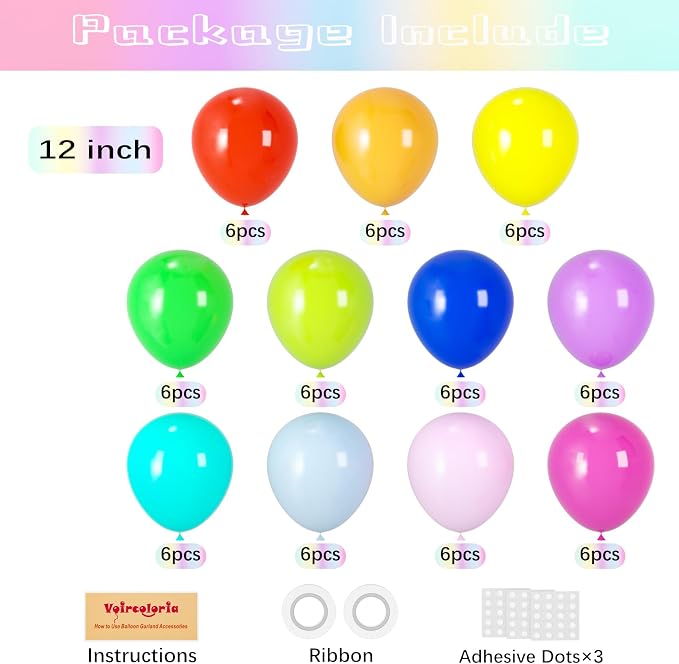 Voircoloria Balloons, 66pack 12inch Assorted Color Rainbow Latex Party Balloons for Wedding, Birthday, Graduation, Bridal Shower, Baby Shower, Gender Reveal, Anniversary Party Decorations