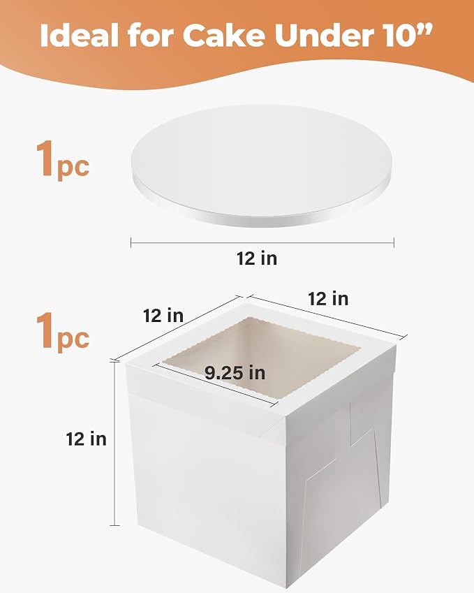 Kootek Cake Box with Board Drum, 12x12x12 Inches Tall Bakery Box with Window, Disposable Cake Container with Lid for Cake, Treat Cookie Dessert, Pastry, Birthday Party, Weddings
