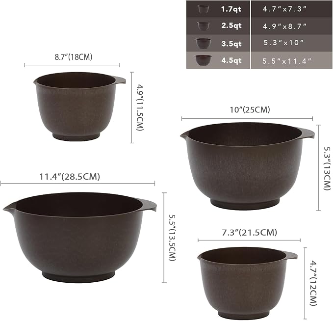 BoxedHome 4.5 Quart Large Plastic Mixing Bowls, Microwave Safe Mixing Bowl Set with Pour Spout, Nesting Bowls for Space Saving Storage(brown)