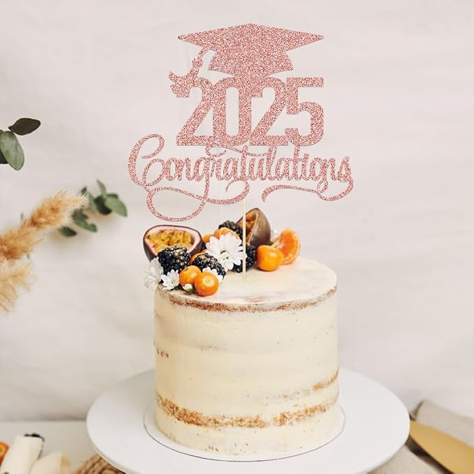Glitter 2025 Congratulations Graduation Cake Topper,Congrats Grad Cake Decor - 2025 High School/College/Senior Graduation Party Decorations Supplies (2025Congratulations Rose gold)