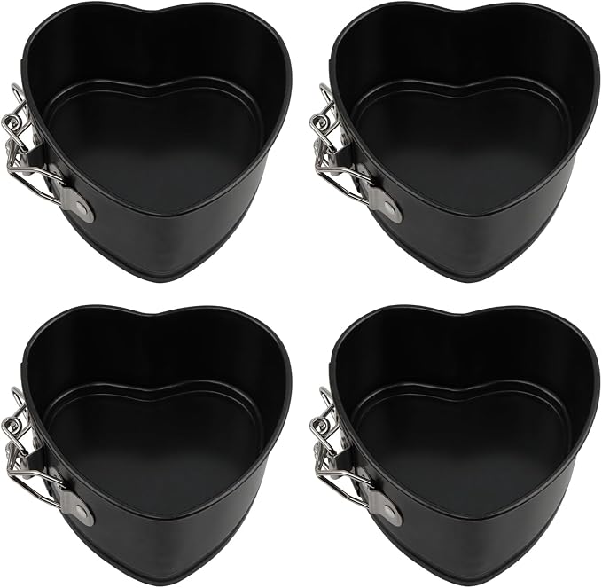 Heart Springform Pans 4 Inch, Set of 4 Mini Cheesecake Pans, Nonstick | Removable bottom, Spring latch release, Carbon steel with nonstick coating, Oven safe 445F, Hand wash recommended