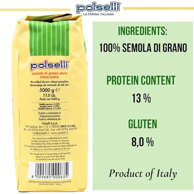 POLSELLI Italian Semola Flour, Fine Ground Semolina Rimachinata, 5 kg | Fine Ground Durum Wheat Flour For Fresh Pasta, Bread, & Baking, All-Natural, Unbleached, Non-GMO, Product Of Italy