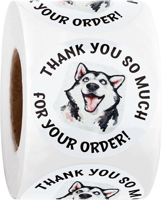 WRAPAHOLIC 2 Inch 500 Total Business Stickers Roll - Funny Husky Dog Design, Thank You Lables, Shipping Stickers for Baby Shower and Party Decorations