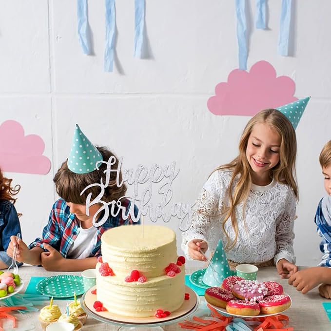 Handmade Glitter happy birthday Cake Topper, Happy Birthday Cake Bunting Decor, Party Decoration Supplies (Silver)