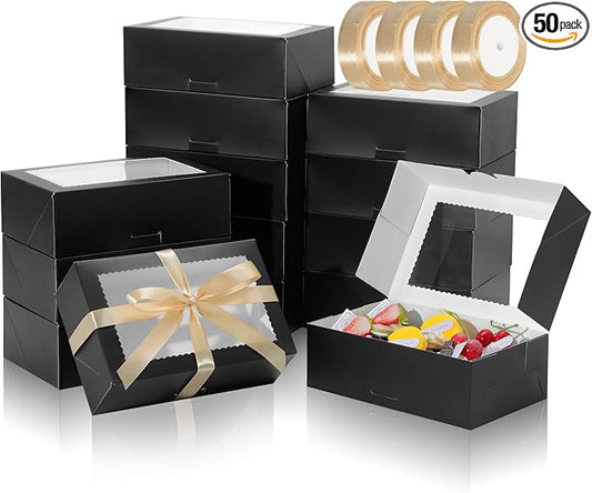 COTOPHER 50Pcs Cookie Boxes with Ribbons, 9x6x3 Inch Bakery Boxes with Window, Black Treat Containers for Pastries, Chocolate Covered Strawberries, Dessert, Easter Candy, Muffins, Donuts