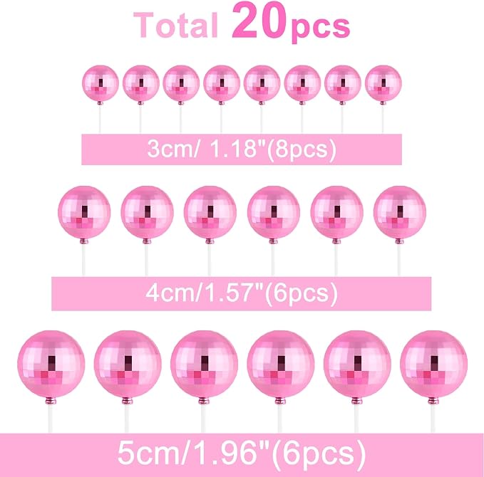 ASTARON 20 Pcs Disco Ball Cake Topper Decorations Sticks Pink Cake Balls Picks Toppers for Birthday Anniversary Disco Retired Theme Party Decorations