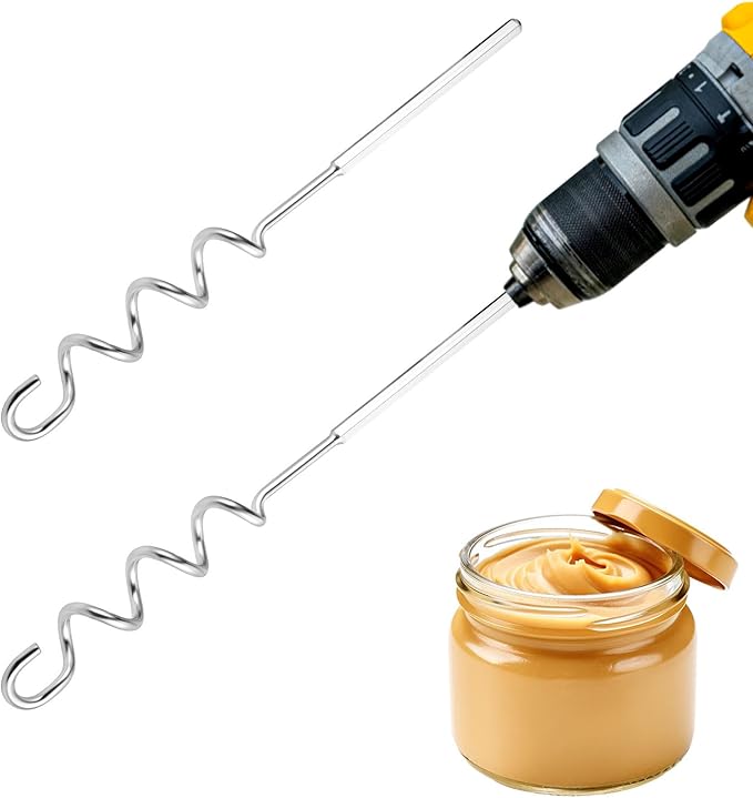 2pcs Peanut Butter Stirrers, 30cm/11.8in Stainless Steel Nut Butter Mixer Tool Drill Hand Mixers and Drills Accessory for Mixing Various Almond Peanut & Jam(Silver)
