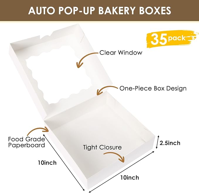 Moretoes 35pcs Bakery Boxes, 10x10x2.5 Inches Auto-Popup Cookie Boxes with Window for Pie, Cookie Cake, Treats, Pastries, Chocolate Covered Strawberries