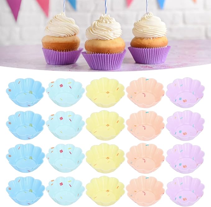 Silicone Cupcake Baking Cups, 20Pcs Reusable Small Muffin Liners Nonstick Pastry Muffin Molds Fancy Dessert Tray Petal Flower Set