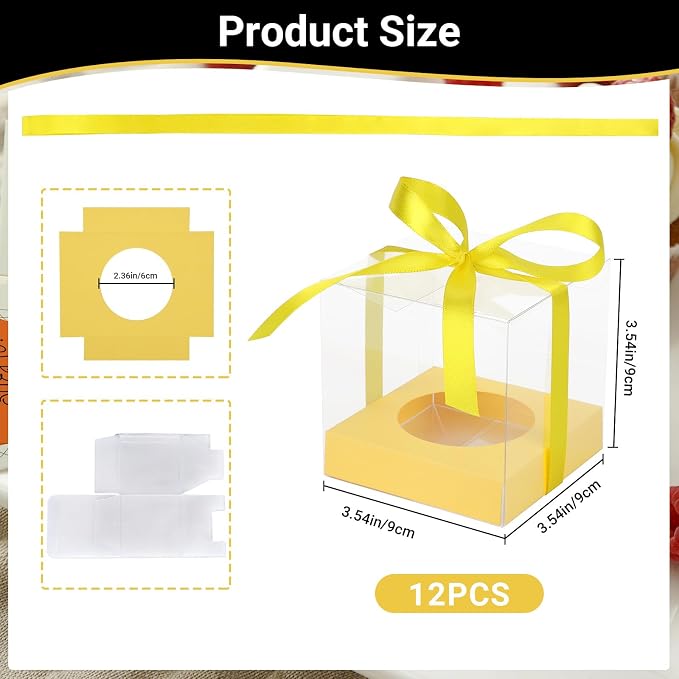 EUSOAR Clear Cupcake Boxes, 12 Pack 3.5 Inch Plastic Individual Transparent Cupcake Containers with Ribbon, Pastry Muffins Gift Holder Clear Disposable Cake Carriers Display for Wedding Party Bakery