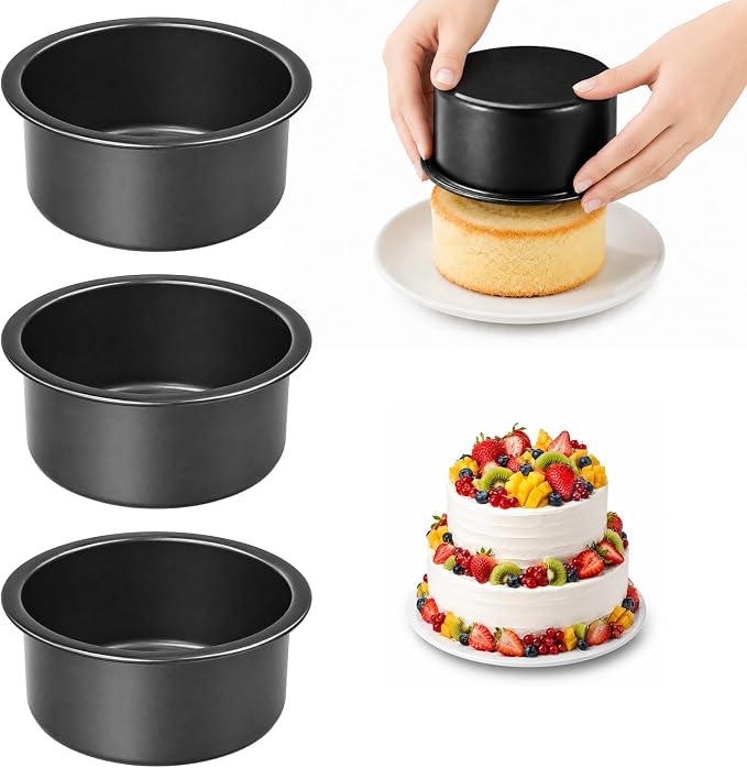 4 Inch Mini Cake Pans Set of 3, Small Round Carbon Steel Smash Cake Pans for Baking Individual Layer Cakes, Non-Stick Tiered Cheesecake Molds, Straight Edge & Dishwasher Safe