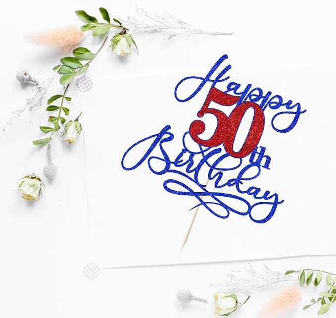 Happy 50th Birthday Cake Topper,Deep blue font red Numbers 50th Birthday Cake Decoration,Hello 50, Cheers to 50 Years/50th Anniversary,50& Fabulous Party Decoration