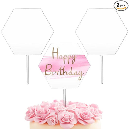 Yalikop 2 Pieces Acrylic Cake Topper Blank Clear DIY Birthday Personalized DIY Cake Topper for Custom Wedding Birthday Festival Party(Hexagon Style)