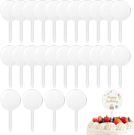24 Pieces 2 Inch Round Clear Acrylic Cupcake Toppers Sticks, Blank DIY Cake Stick Toppers for Birthday Wedding Baby Shower Party Decoration