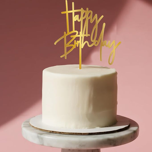 Happy Birthday Cake Topper – Gold Acrylic Birthday Cake Decoration, Modern Script Reusable Cake Pick for Adult Birthday Party, 7.2 Inch