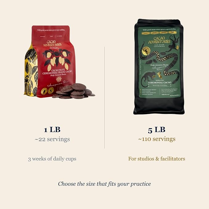 Cacao Adventures Ceremonial Cacao Block, High-Amazon Basin, 1 lb | 2 x 8 oz blocks · 90 mg/g polyphenols · Awajun-farmed wild-strain - unprocessed · Dairy-free, vegan, gluten-free