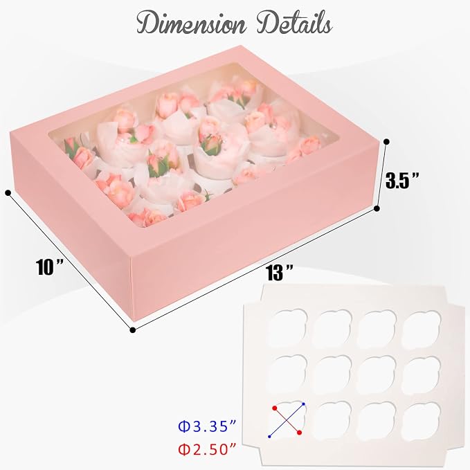 Bakepacker 12 Cupcake Containers 20-Packs Pink Cupcake Box Cupcakes Carrier, 12 Cupcake Boxes with Window 13"x10"x3.5"（Auto-pop up）