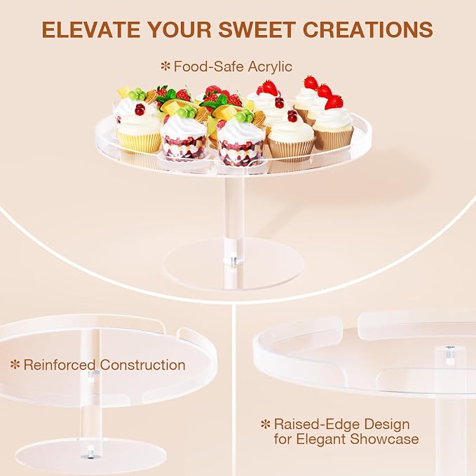 Bakzon Acrylic Cupcake Stand, Clear Dessert Dessert Table Display Set, Cupcake Tower Holder Display with Base for Wedding, Party, Baby Shower, 3 Set Round, Transparent
