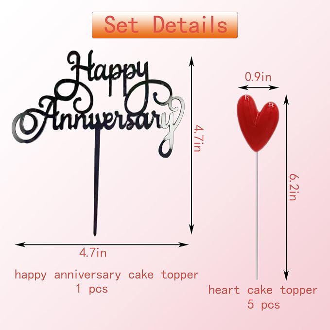 Happy Anniversary Cake Topper Happy Anniversary Cake Decorations for Party Decorations (black red heart)