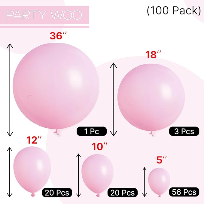 PartyWoo Baby Pink Balloons 100 pcs Different Sizes of 36 18 12 10 5 Inch Pastel Pale Light Pink Balloons Arch Kit Garland for Baby Shower Gender Reveal Birthday Princess Party Decorations Pink-Q05