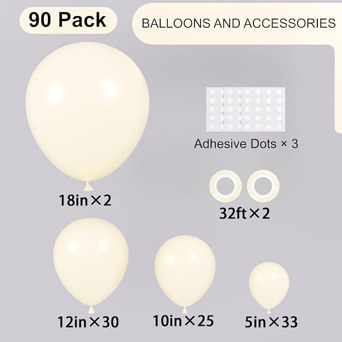 Voircoloria 90pack Ivory Balloons Different Size 18/12/10/5 Inch Ivory White Balloon Garland Arch Kit for Graduation, Wedding, Birthday, Princess Theme, Baby Shower, Anniversary Party Decorations