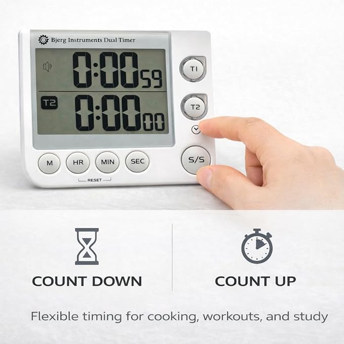 Bjerg Instruments Dual Digital Kitchen Timer – Count Up & Countdown Timer with Large LCD Display, Magnetic Back, Loud Alarm, Stand-Up Design (White)