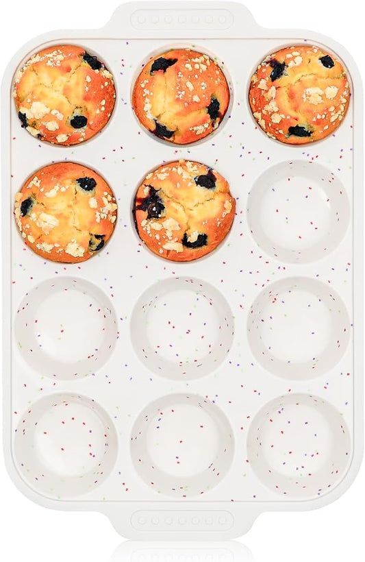 Vinino Silicone Muffin Pan for Baking with Metal Reinforced Frame, 12 Cups Regular Size Silicone Cupcake Pan with Non-Slip Handle, Nonstick Muffin Tray for Oven, BPA Free, Dishwasher Safe