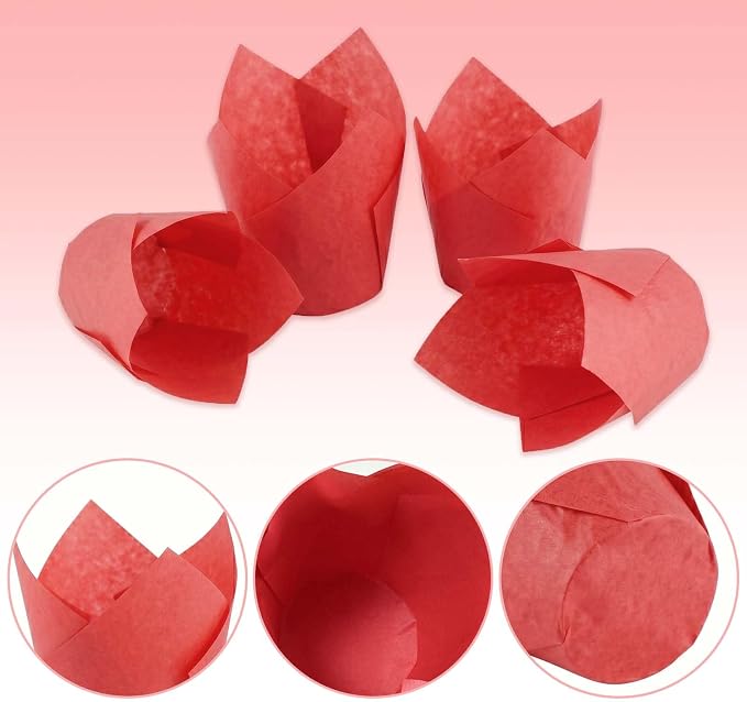 200 Pcs Red Tulip Cupcake Liners for Baking, Standard Size | Standard Greaseproof Tulip Muffin Liners for Baking, 3oz Red Paper Cupcake Wrappers for Party Wedding Birthday