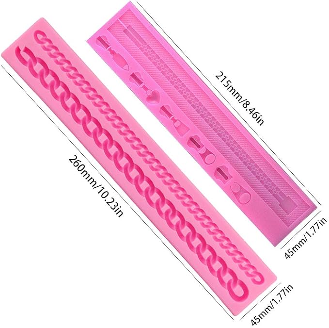 KuuGuu 2 PACK Zipper Chain Silicone Mold Realistic Chain Cake Fondant Mold Purse Bag Cake Decorating Mould for DIY Cake Border Decoration, Cupcake Topper, Jewelry, Polymer Clay, Crafting Projects