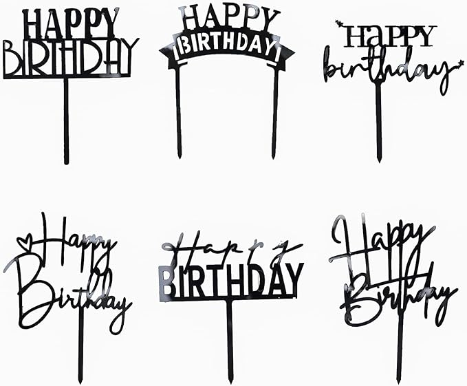 Black Birthday Cake Topper, 6pcs Acrylic Birthday Cake Toppers Happy Birth Cake Toppers for Party Decorations