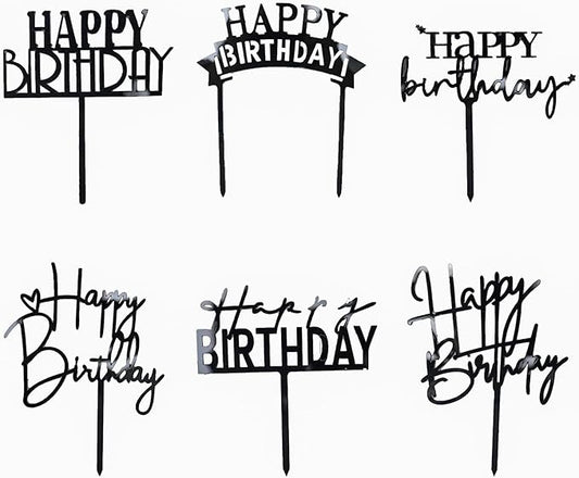 Black Birthday Cake Topper, 6pcs Acrylic Birthday Cake Toppers Happy Birth Cake Toppers for Party Decorations