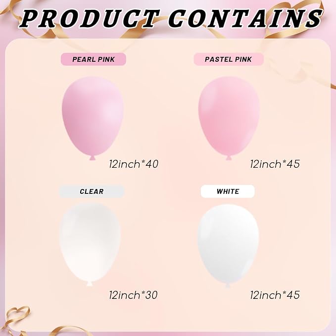 160Pcs 12 Inch Pink White Pastel Pearl Clear Latex Balloons for Girl Baby Shower Bridal Wedding Birthday Party Decorations