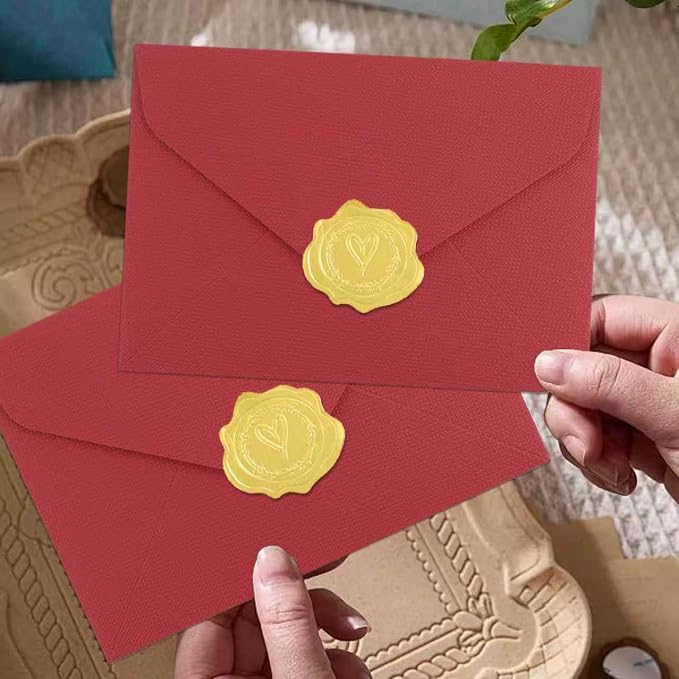 20 Pack 4x6 Red Linen Envelopes with Gold Wax Seals - Handmade Look A6 Vintage Envelopes & Self-Adhesive Seal Stickers for Greeting Cards, love letter, Wedding, Party Invitation